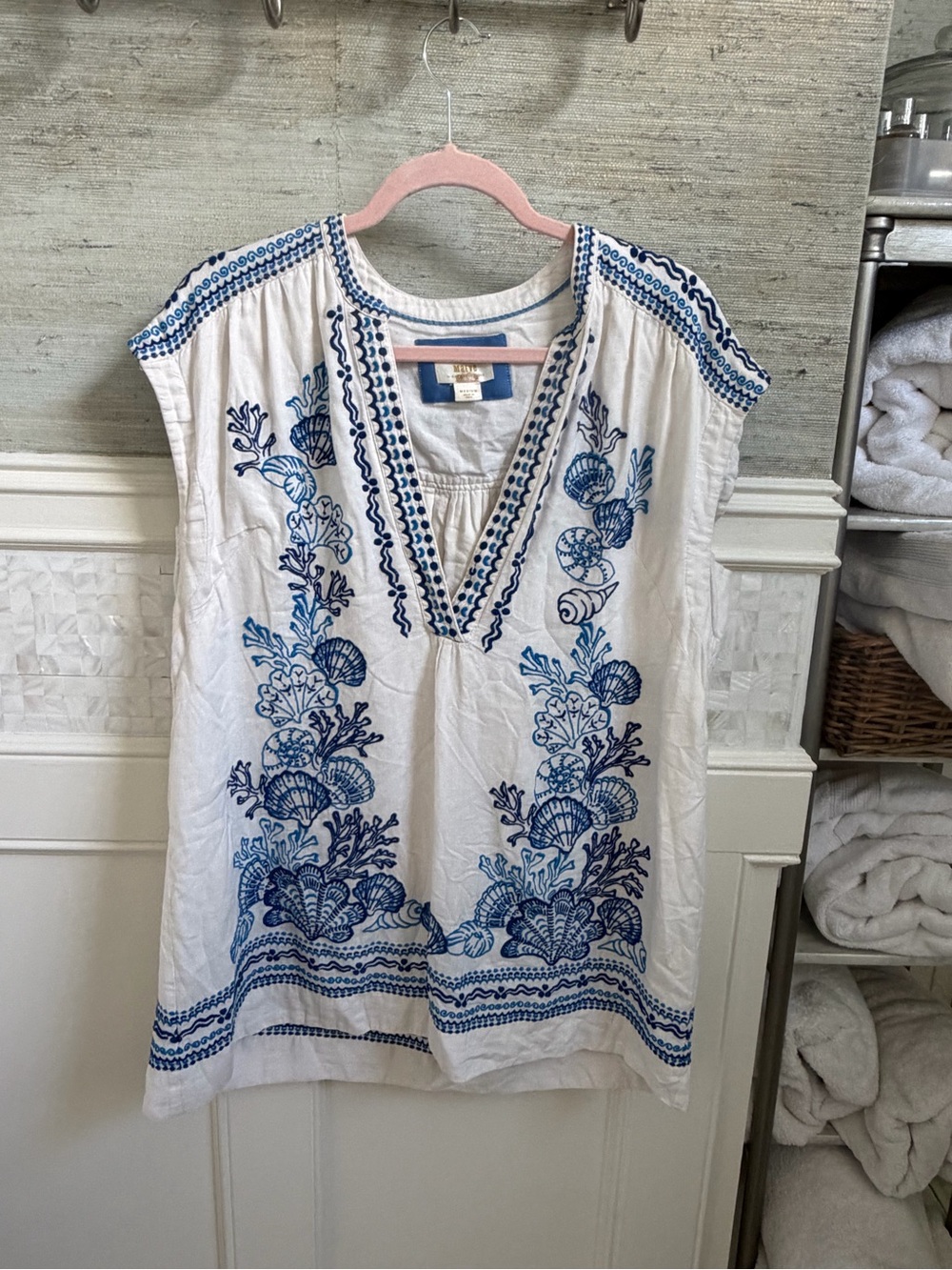 Anthropologie Maeve linen embroidered tunic dress medium white blue beach shells - Picture 5 of 17